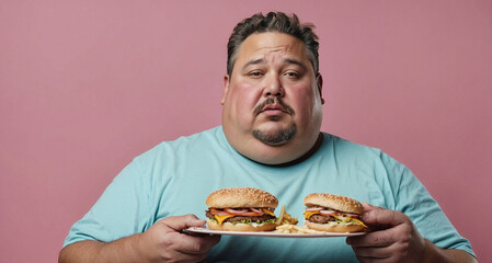 Overweight man holding plate with burger. Unhealthy diet and junk food concept. Bad nutrition idea. Copy space.