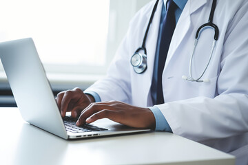 Doctor at laptop. Consultation by video call. Physician wearing uniform, stethoscope taking notes in medical journal, filling documents, patient illness history, looking at device screen - obrazy, fototapety, plakaty