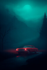 Fototapeta na wymiar The red car is driving through the fog at night street. Generative AI