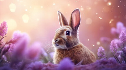 Fototapeta na wymiar brown easter bunny ears on a purple and festive background 