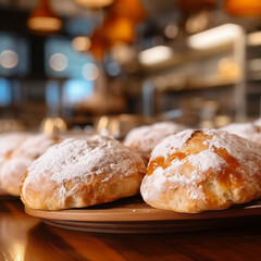 Scones on a cafe counter, glazed and sprinkled with powdered sugar. Suitable for a bakery or café marketing and menus
