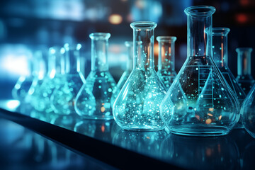 Close-up of empty blue glass flasks standing in a row. Scientific chemical research. Laboratory background. Glass chemical bottle filled with a substance. Blurred background. Chemical laboratory