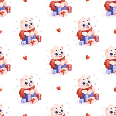 Seamless pattern with cute polar bear with gifts on white background. Vector illustration in cartoon style. Kids collection.