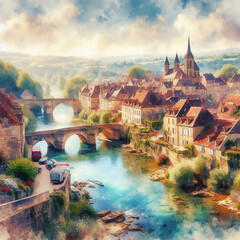 A watercolor painting of a town with a bridge and a river - obrazy, fototapety, plakaty