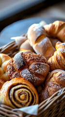 Fototapeta premium Basket filled with assorted sweet buns. Freshness and variety of the baked goods. Ideal for a breakfast or brunch theme