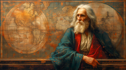 Leonardo da Vinci and the World Map, ai generated