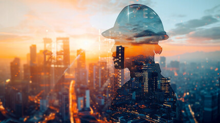 engineer man wearing protective helmet with double exposure city background. mixed media