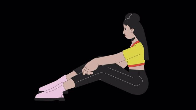 Depressed woman sitting line cartoon animation. Emotional expressing, body language 4K video motion graphic. Hispanic female dejected 2D linear animated character isolated on transparent background
