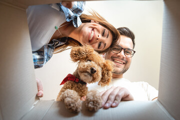 Attractive young man with eyeglasses together with beautiful smiling woman and cute poodle dog...