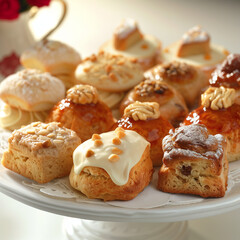 Assortment of scones arranged elegantly on a platter. Detailed view of the glaze and toppings. Perfect for pastry shops and dessert menus