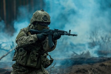 Man in Camouflage With Rifle and Fire