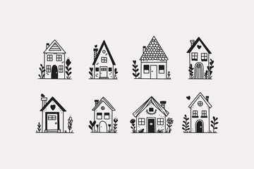 Hand drawn line houses. Doodle rural bungalows country houses cottages, simple black and white sketch icons. Vector isolated set