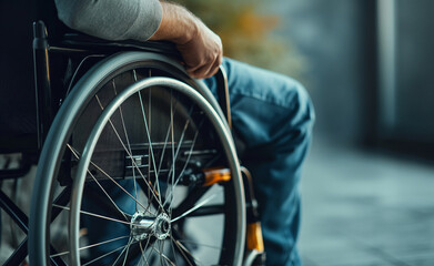 Man in wheelchair with physical disability mobility disorder.  - obrazy, fototapety, plakaty
