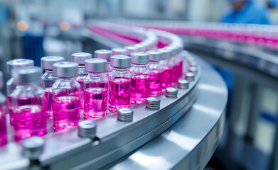 Medical vials on production line at pharmaceutical factory.