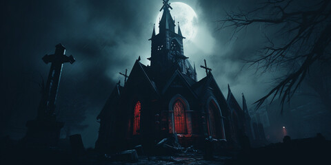 Halloween Horror Castle Graveyard Festive Border, Scary Vampire castle with moon and bats flying for Halloween with a cemetery night, Arafed gothic gothic castle - obrazy, fototapety, plakaty