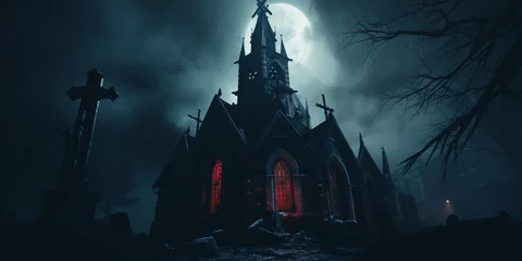 Fotobehang Halloween Horror Castle Graveyard Festive Border, Scary Vampire castle with moon and bats flying for Halloween with a cemetery night, Arafed gothic gothic castle © Imtiaz