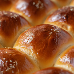 Freshly baked sweet buns. Golden crust and fluffy texture, appetizing appearance. Perfect for a bakery or gourmet setting