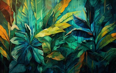 tropical forest and banana leaves. Beautiful abstract tropical landscape painting