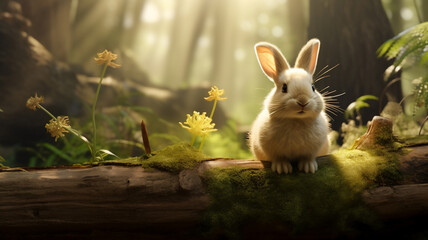 A easter bunny sits in the sunlight or beams near a fallen tree inside the forest, a distance shot of a nature background  - Powered by Adobe