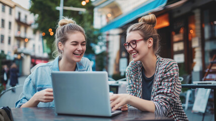Two young women are sitting at a table, laughing and looking at a laptop screen together in an outdoor setting