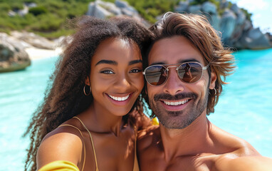 Happy married interracial adult couple takes a self-portrait on the beach in a tropical country.