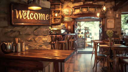 Warm lighting over a cozy cafe's wooden tables, highlighting a friendly 'Welcome' sign.