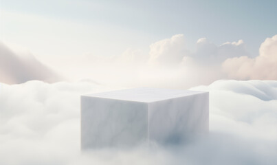 Square stone podium in clouds background