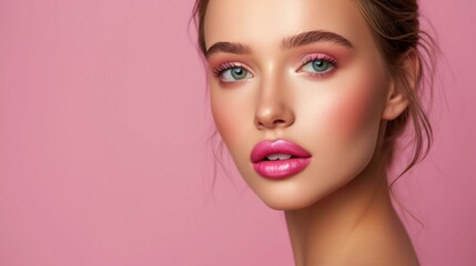 Womans Face With Pink Background - Portrait of a Feminine Beauty