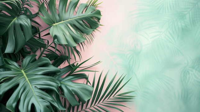 Pastel background with green leaves.