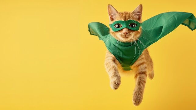 Cat superhero in Green Mask and Cape flying in yellow background