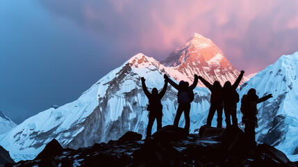 Group of people silhouette standing  with arms up in front of majestic mountain at sunset ,...