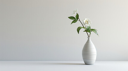 A single magnolia bloom in a textured vase against a muted backdrop.