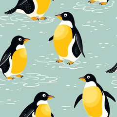Fototapeta premium Cute penguins in yellow and black in seamless pattern