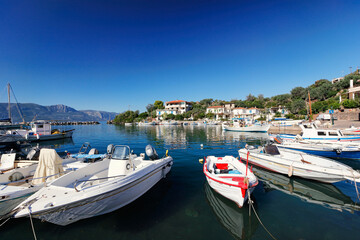 Fototapeta na wymiar The port of the small fishing village Vathi at Methana in Peloponnese, Greece
