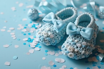 blue booties surrounded by confetti, simple and elegant baby boy announcement