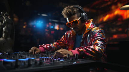 Fototapeta na wymiar Dj mixing nightlife nightclub epic party colorful electronic house man