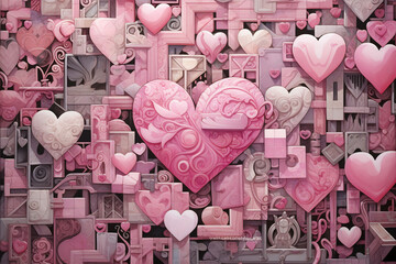 Whimsical Heart Cityscape in Hues of Pink