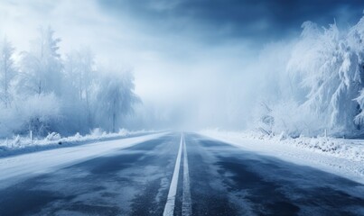Fototapeta na wymiar highway in winter weather, frozen, snowy and slippery road illustrates the dangers of driving in difficult weather conditions