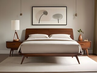 A comfortable mid-century modern bedroom with a low-profile platform bed, organically shaped nightstands, and a sleek dresser with tapered legs. Generative AI