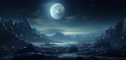 Mesmerizing lunar-like landscape with craters and rugged terrain under a starry night. - obrazy, fototapety, plakaty