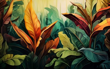 tropical forest and banana leaves. Beautiful abstract tropical landscape painting