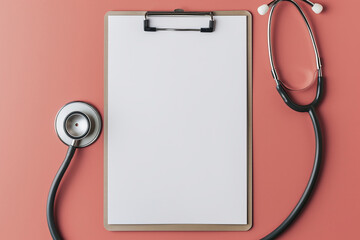 Medical stethoscope for checking pulse on a pink background with a tablet for prescriptions. Place for advertising, logo. Medical concept. Copy space. Healthcare, cardiology. Banner