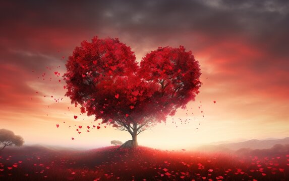 A heart shape tree stands in a field of red flowers , abstract landscape background illustration
