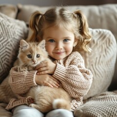 Little Girl Sitting on Couch Holding Cat