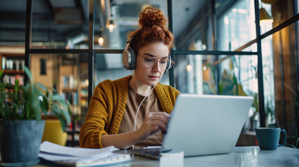 Young woman wearing headphones, focused on her work on a laptop in a modern office environment.
