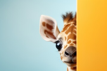 A cute baby giraffe looks out from behind the panel, template for poster, ad, advertisement