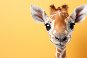 Portrait of a cute baby giraffe on a yellow background as a basis for an advertisement