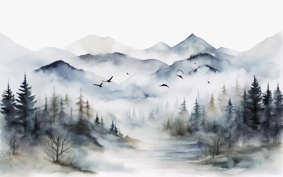 Landscape with misty mountains