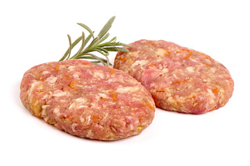 Minced meat patties, isolated on white background.
