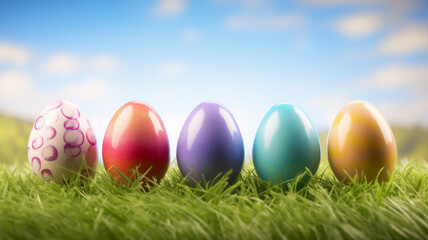 Fototapeta na wymiar Six pastel colored easter eggs and bunny ears on a grass background 